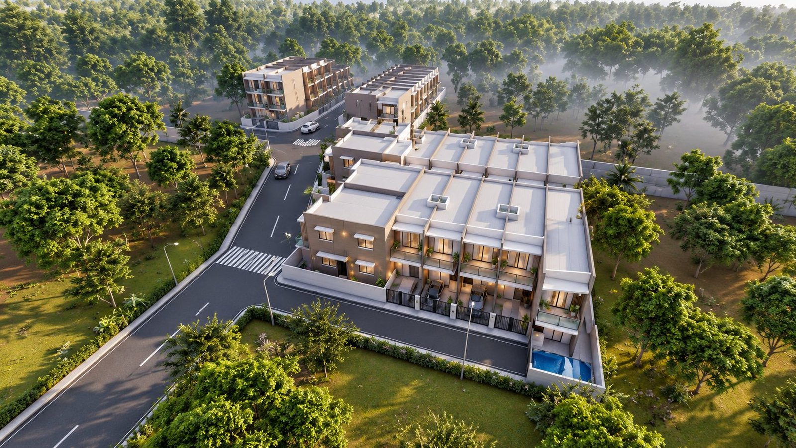 Aerial view of Om Vihan Row House development surrounded by greenery